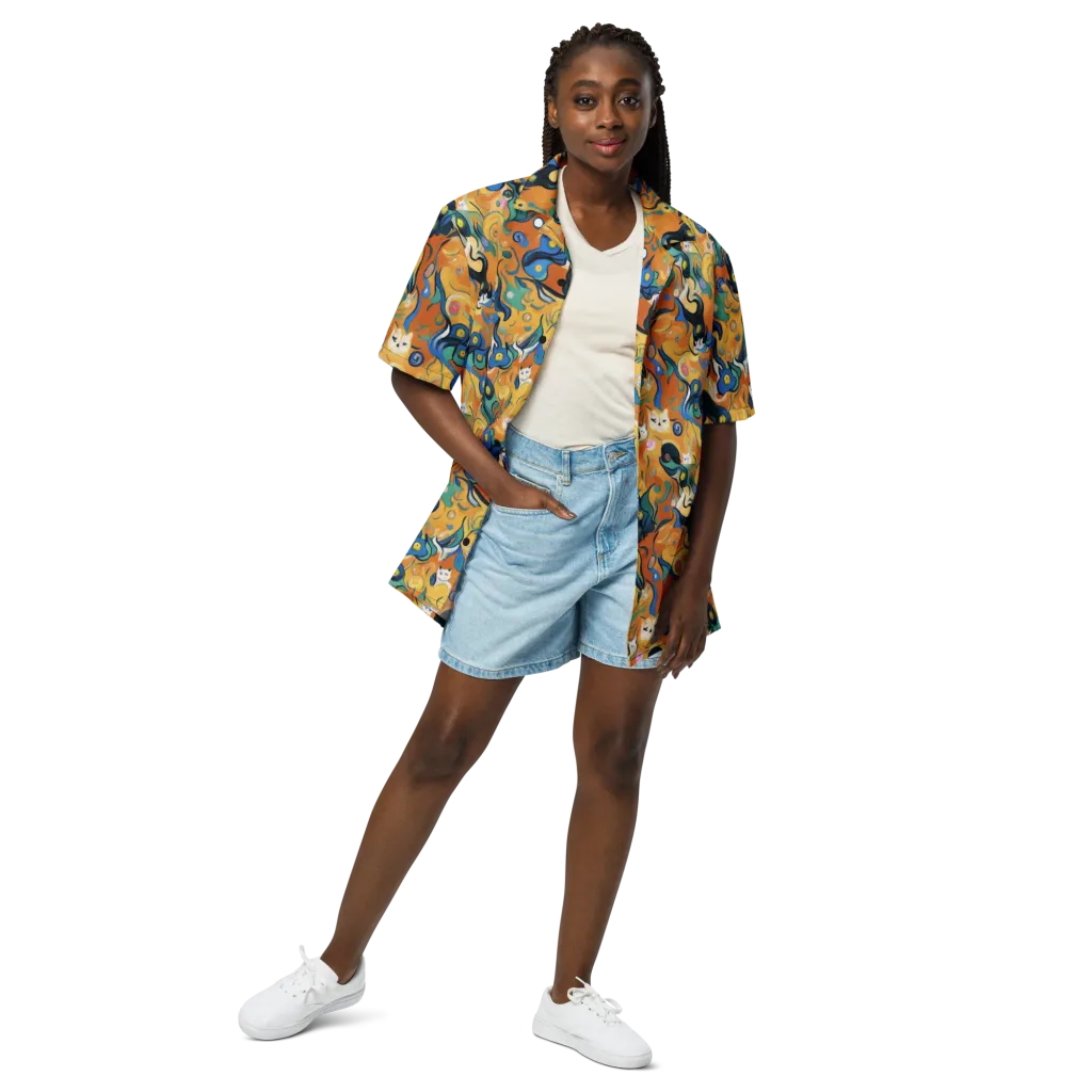 Whimsical Feline Dance on Button Shirt — Front