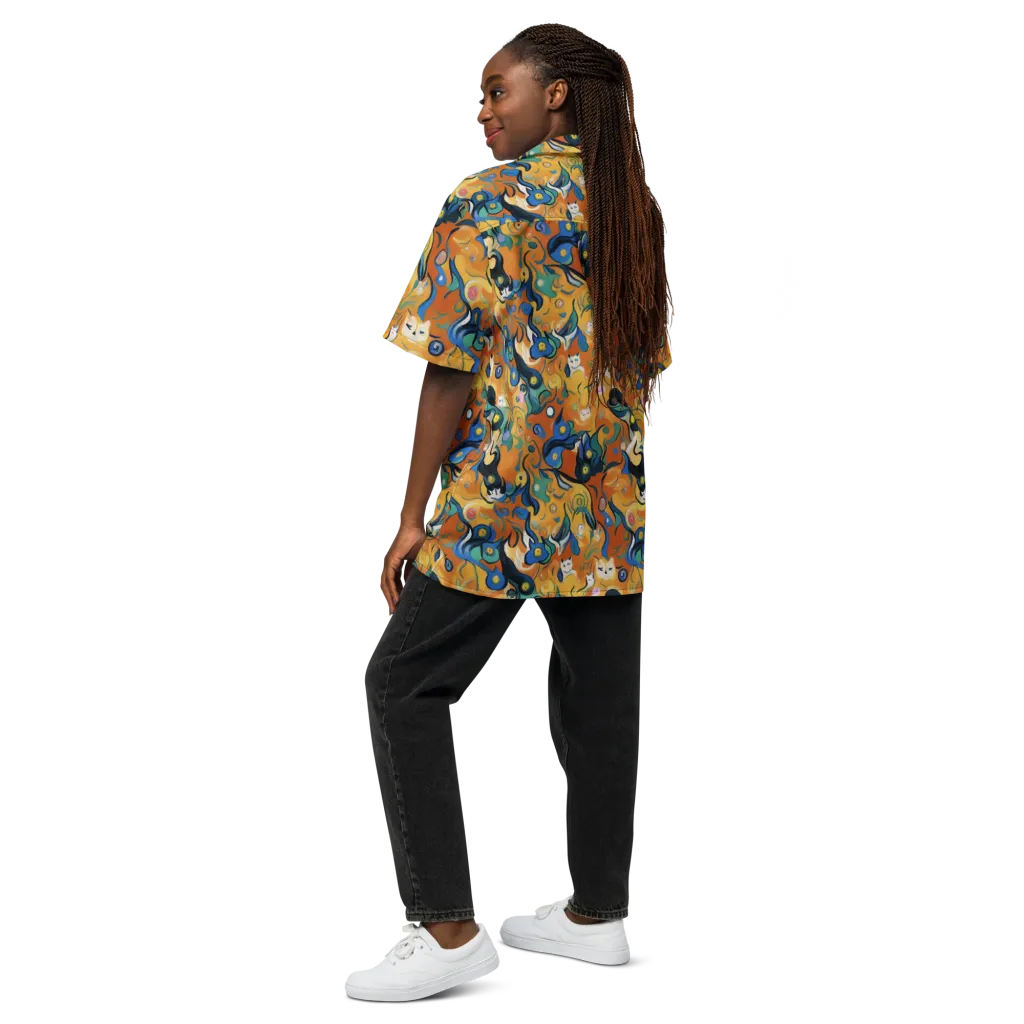 Whimsical Feline Dance on Button Shirt — Back