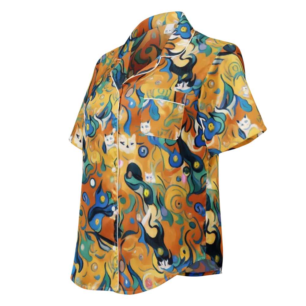 Whimsical Feline Dance on Women's Short Sleeve Pajama Top — Left Front