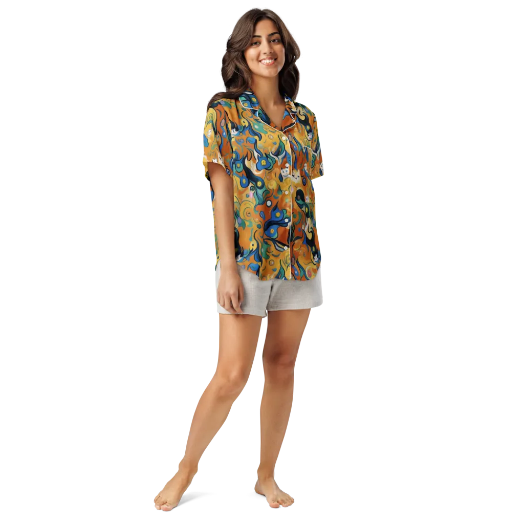 Whimsical Feline Dance on Women's Short Sleeve Pajama Top — Front