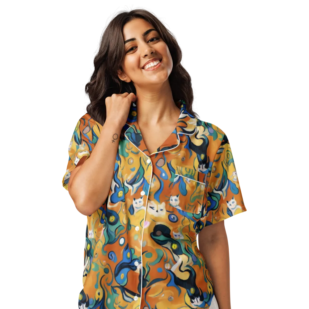Whimsical Feline Dance on Women's Short Sleeve Pajama Top — Front
