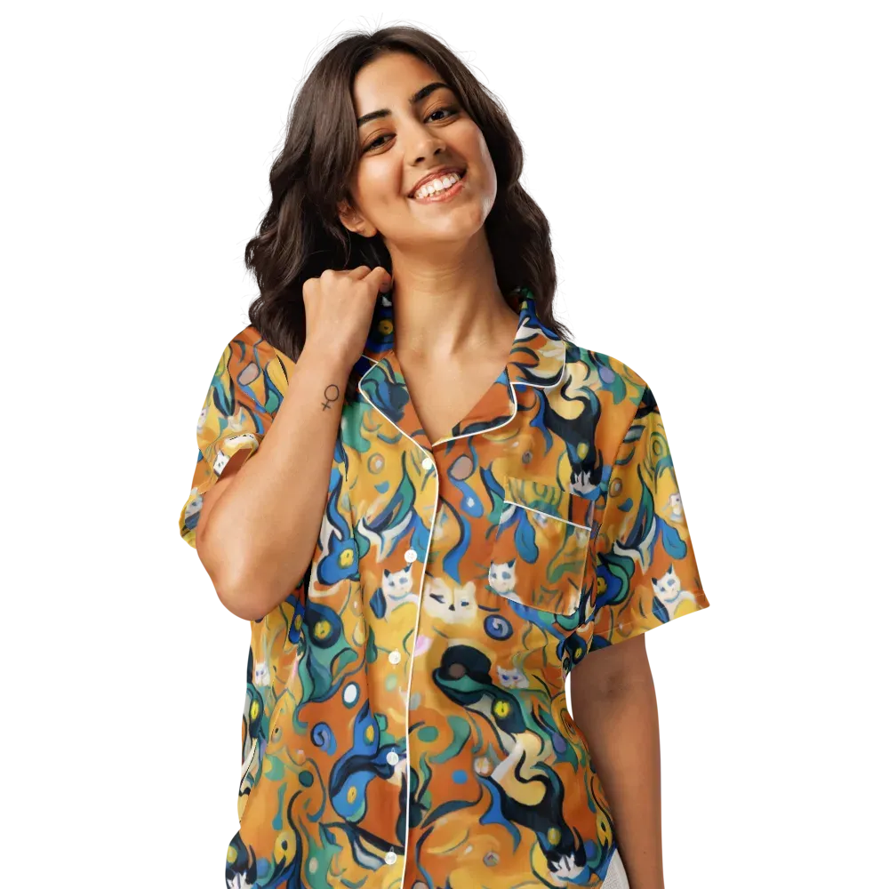 Whimsical Feline Dance on Women's Short Sleeve Pajama Top — Front