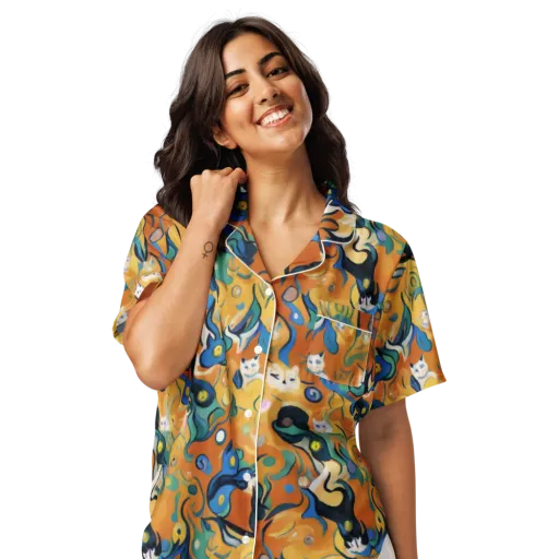 Whimsical Feline Dance on a Women's Short Sleeve Pajama Top