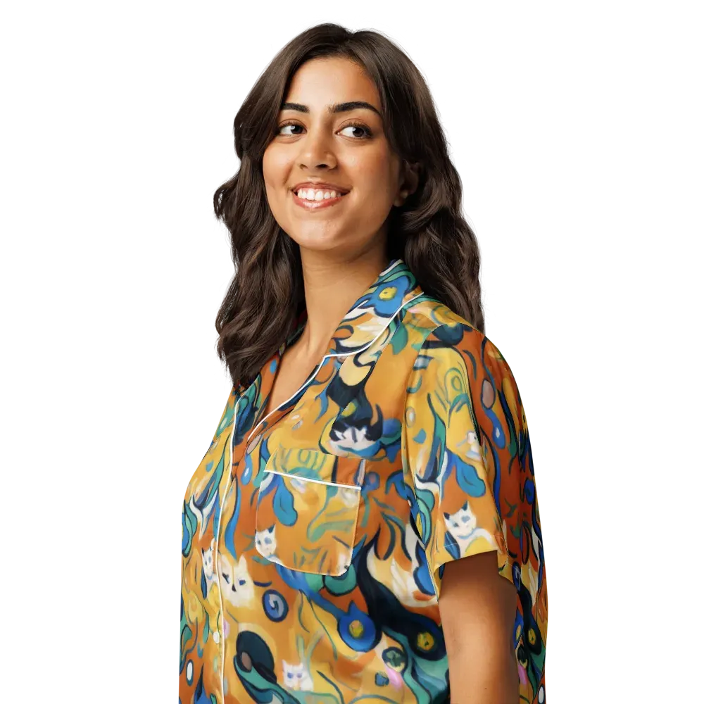 Whimsical Feline Dance on Women's Short Sleeve Pajama Top — Left Front