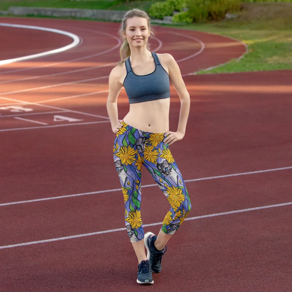 Feline Flora on Capri Leggings — Front