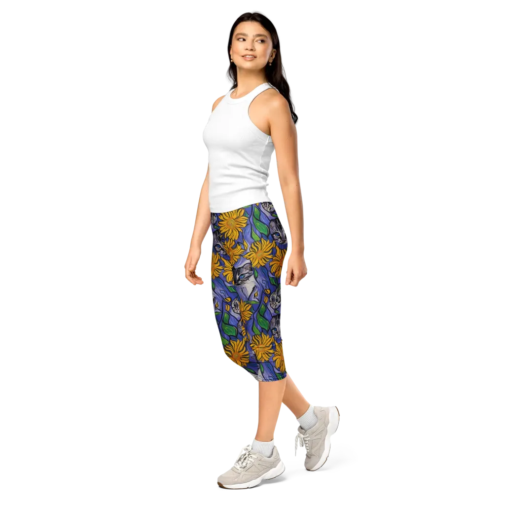 Feline Flora on Capri Leggings — Left Front