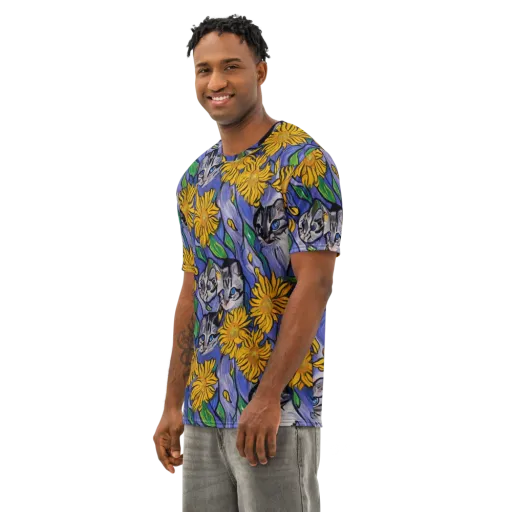 Feline Flora on a Men's Cotton Crew Neck T-Shirt