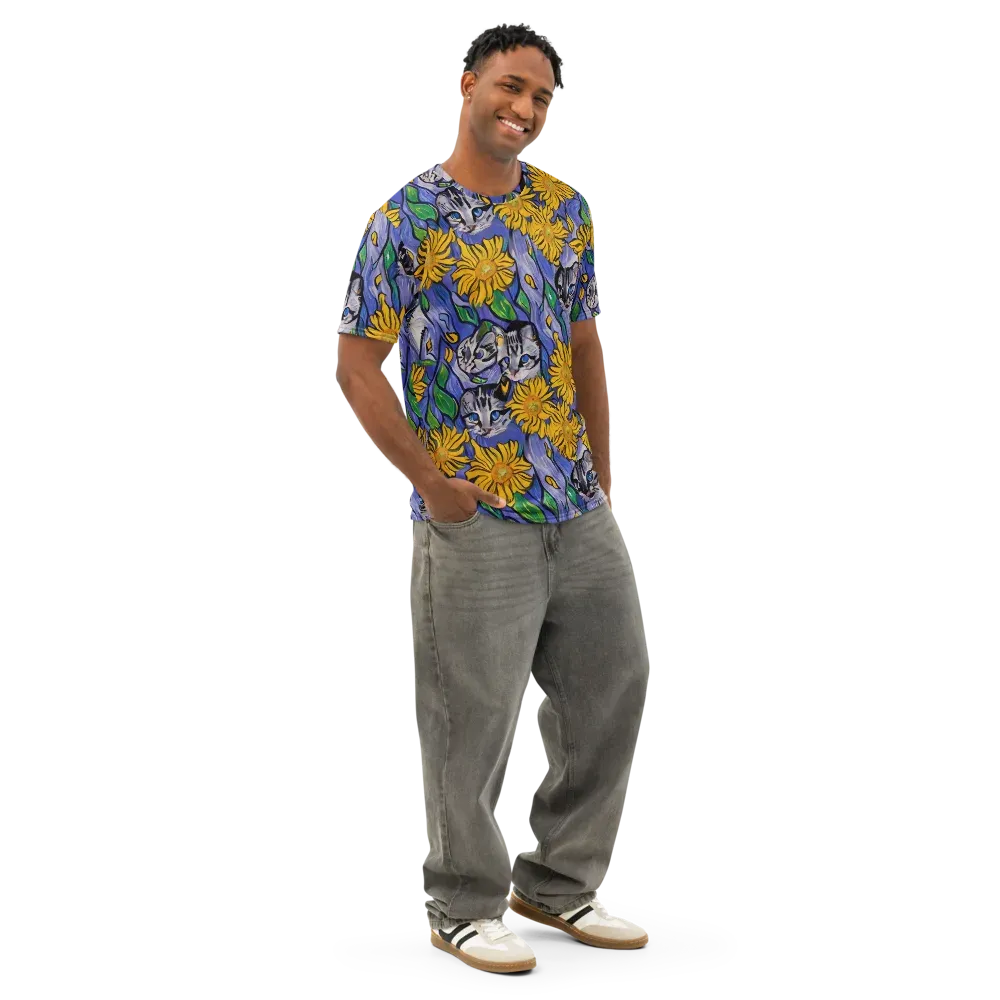Feline Flora on Men's Cotton Crew Neck T-Shirt — Right Front