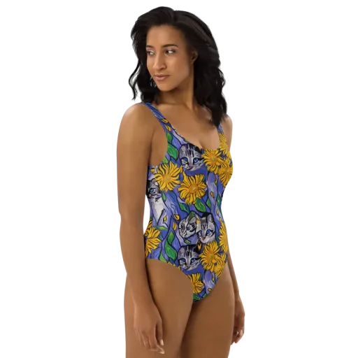Feline Flora on a One-Piece Swimsuit