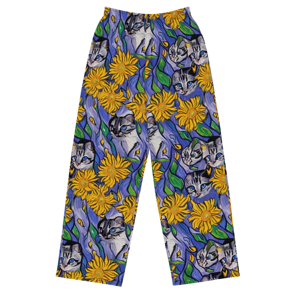 Feline Flora on Wide-Leg Pants — Front