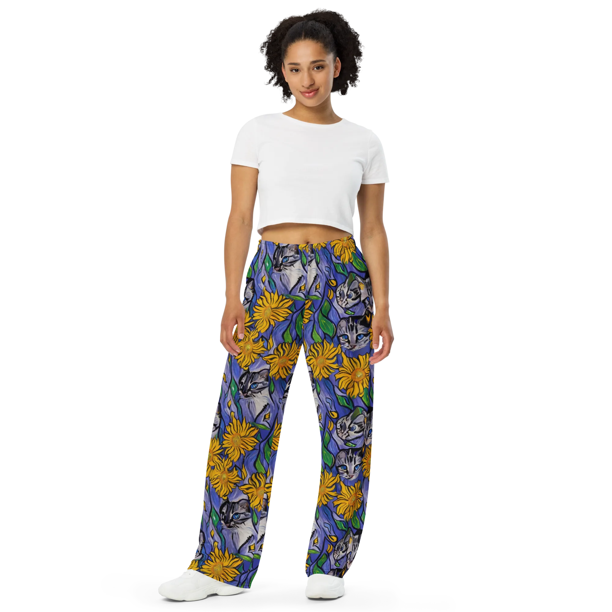 Feline Flora on Wide-Leg Pants — Front