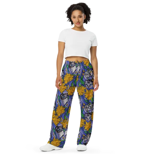 Feline Flora on a Wide-Leg Pants