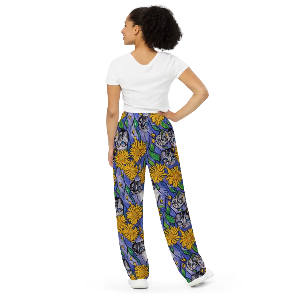 Feline Flora on Wide-Leg Pants — Back