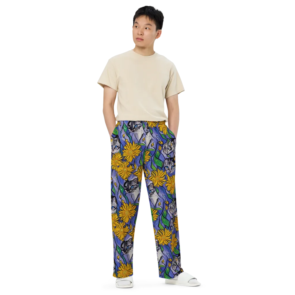 Feline Flora on Wide-Leg Pants — Front