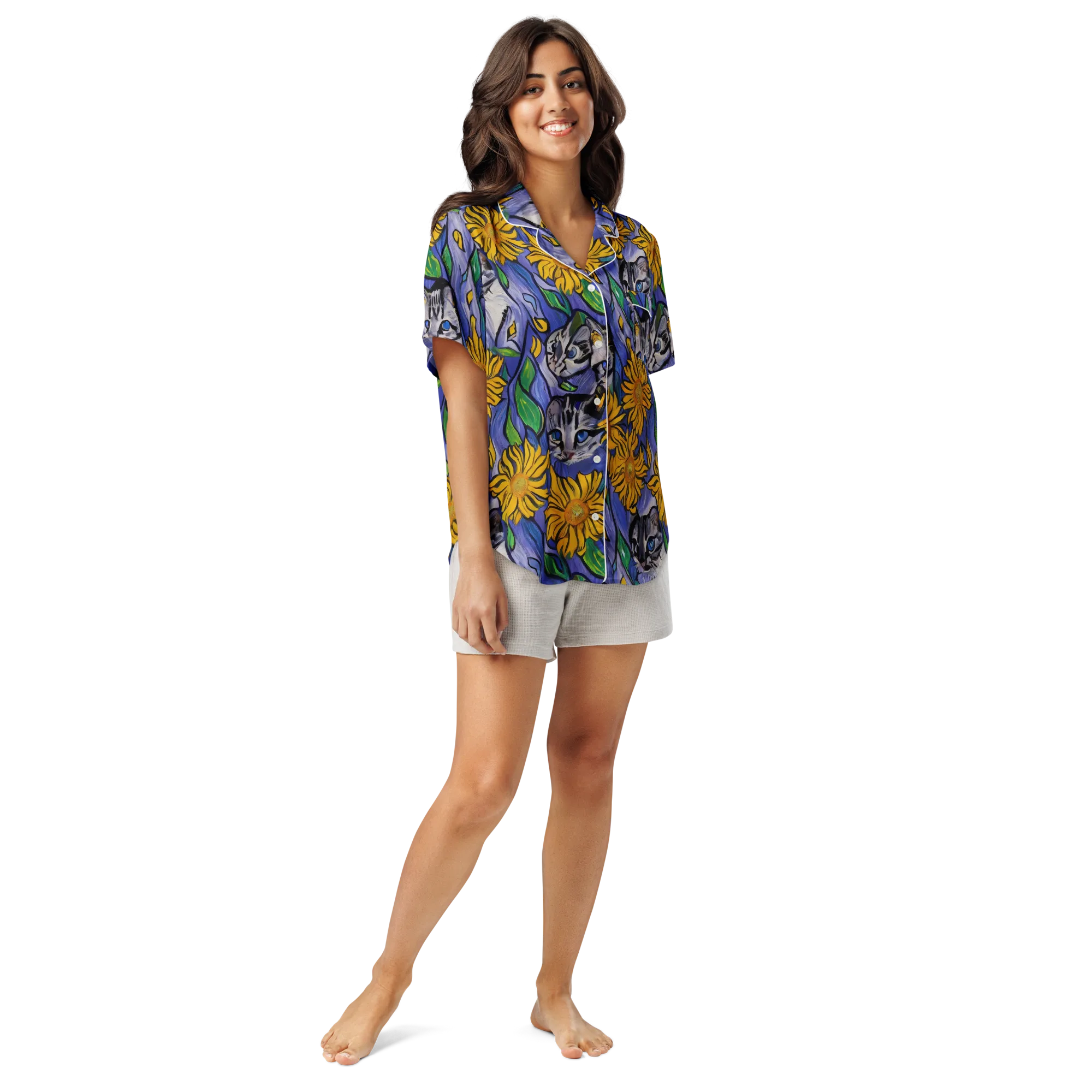 Feline Flora on Women's Short Sleeve Pajama Top — Front