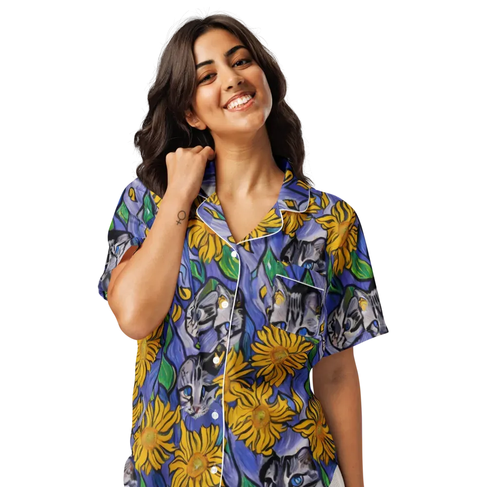 Feline Flora on Women's Short Sleeve Pajama Top — Front