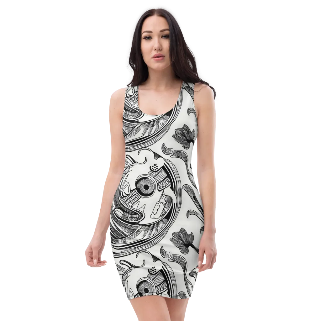 Rhythmic Riddle on Bodycon Dress — Front