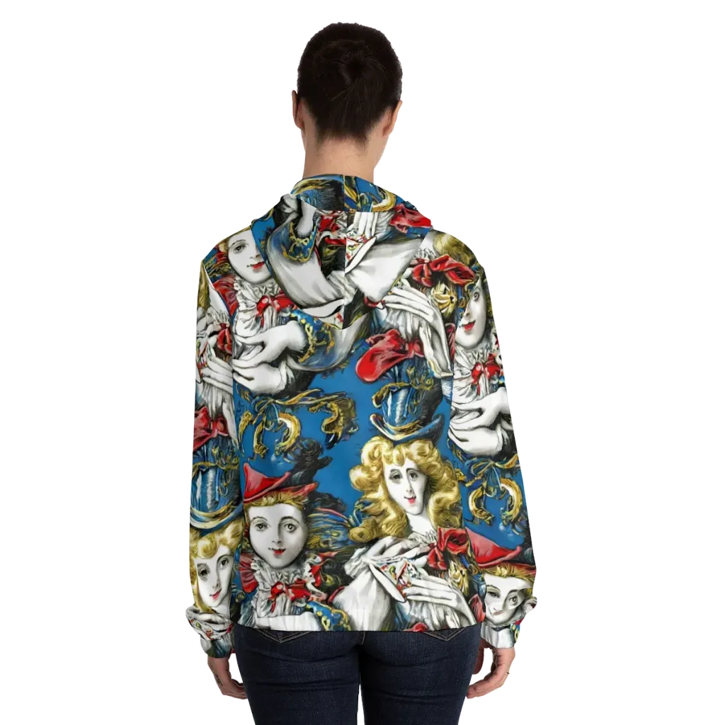 Masquerade Echoes on Women's Full-Zip Hoodie — Back On Person