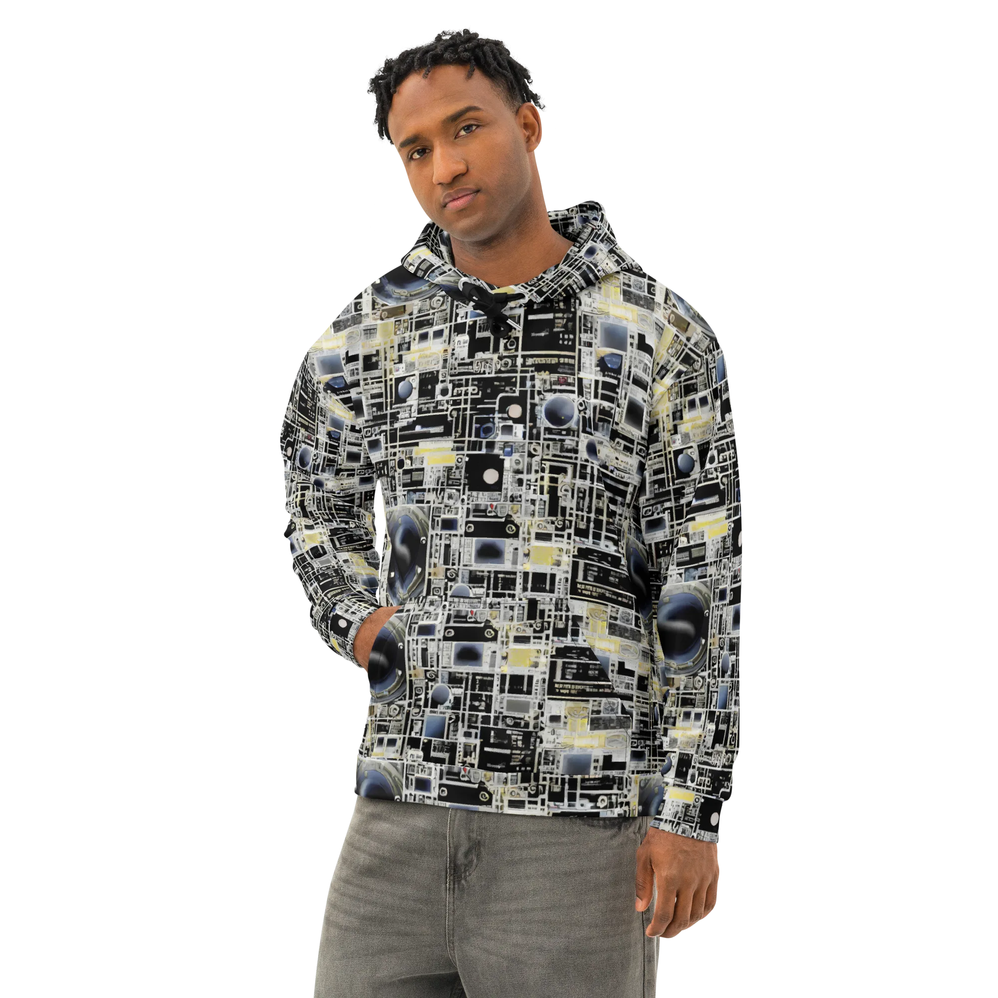Midnight Control Grid on Cotton Hoodie — Left Front
