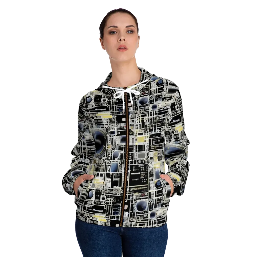 Midnight Control Grid on Women's Full-Zip Hoodie — Front On Person