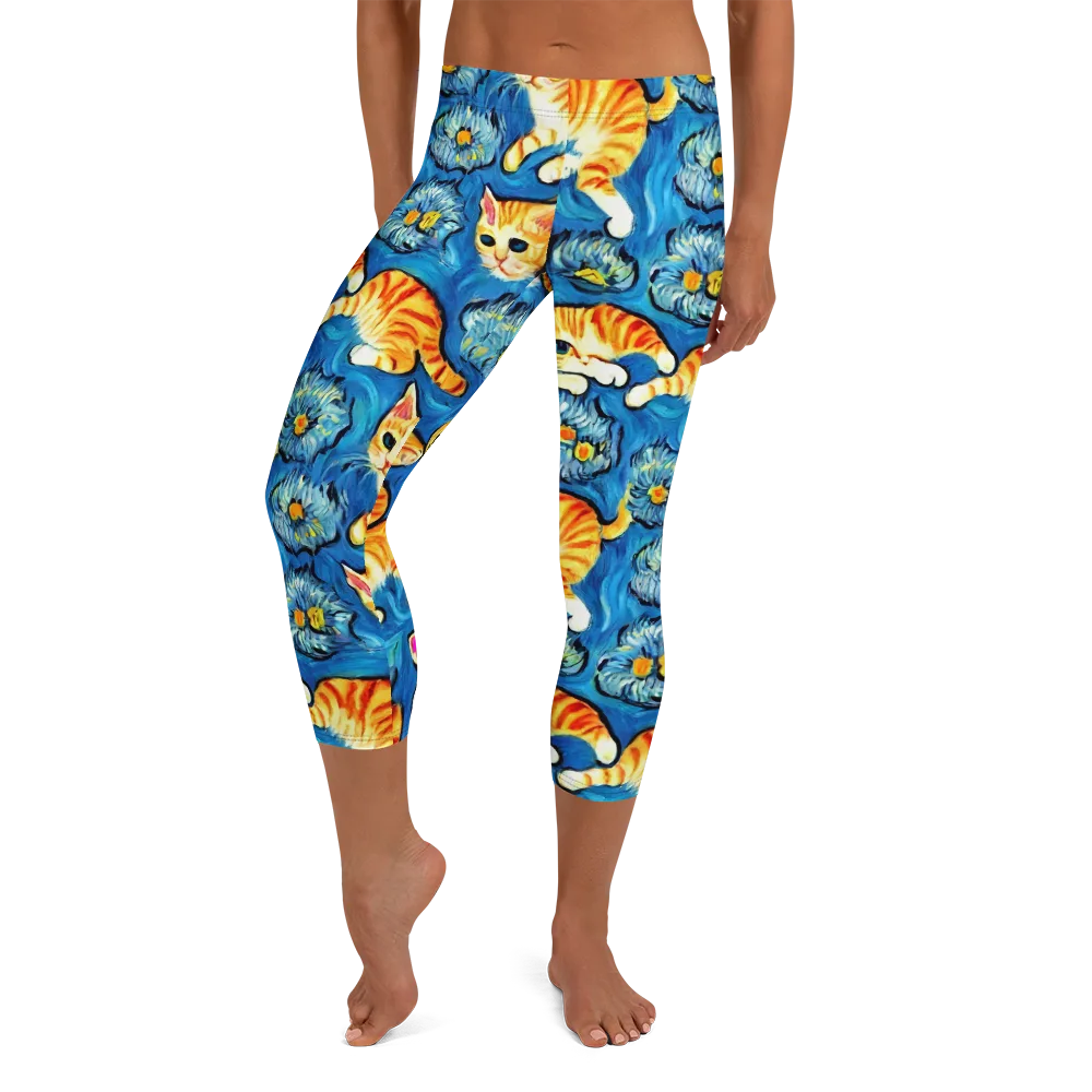 Indigo Marmalade Cats on Capri Leggings — Front