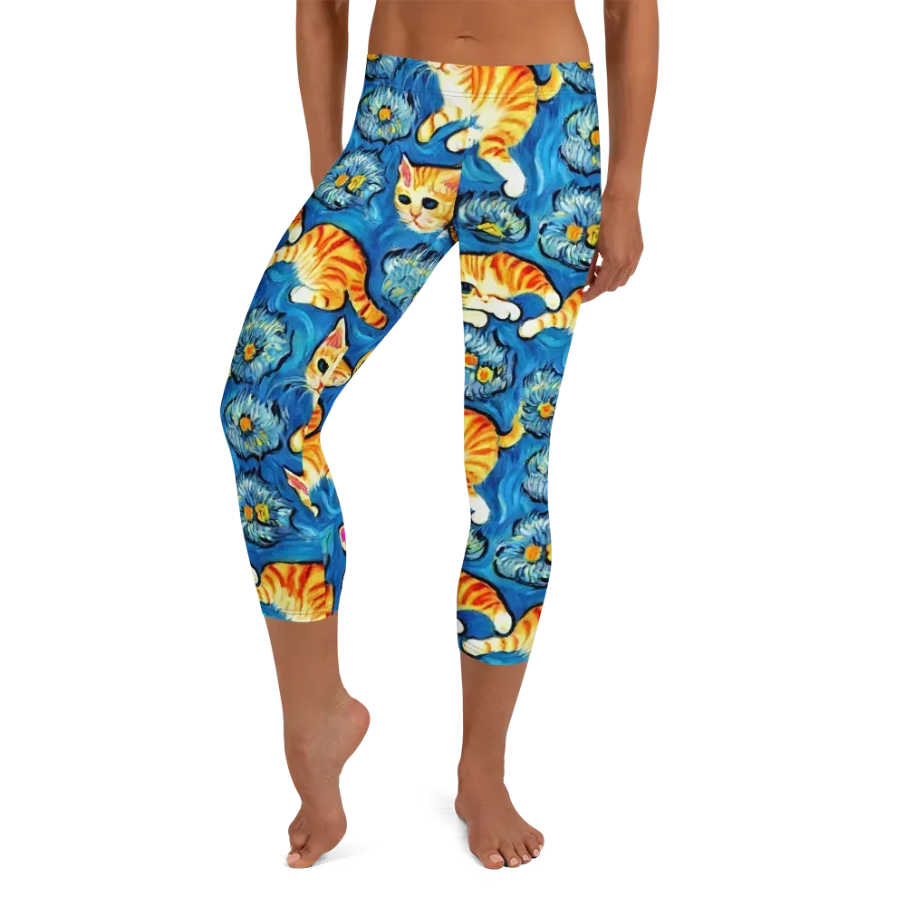 Indigo Marmalade Cats on Capri Leggings — Front