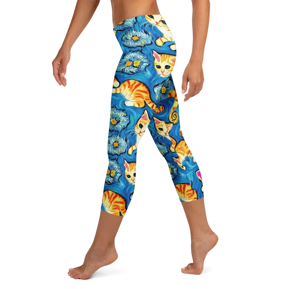 Indigo Marmalade Cats on Capri Leggings — Left