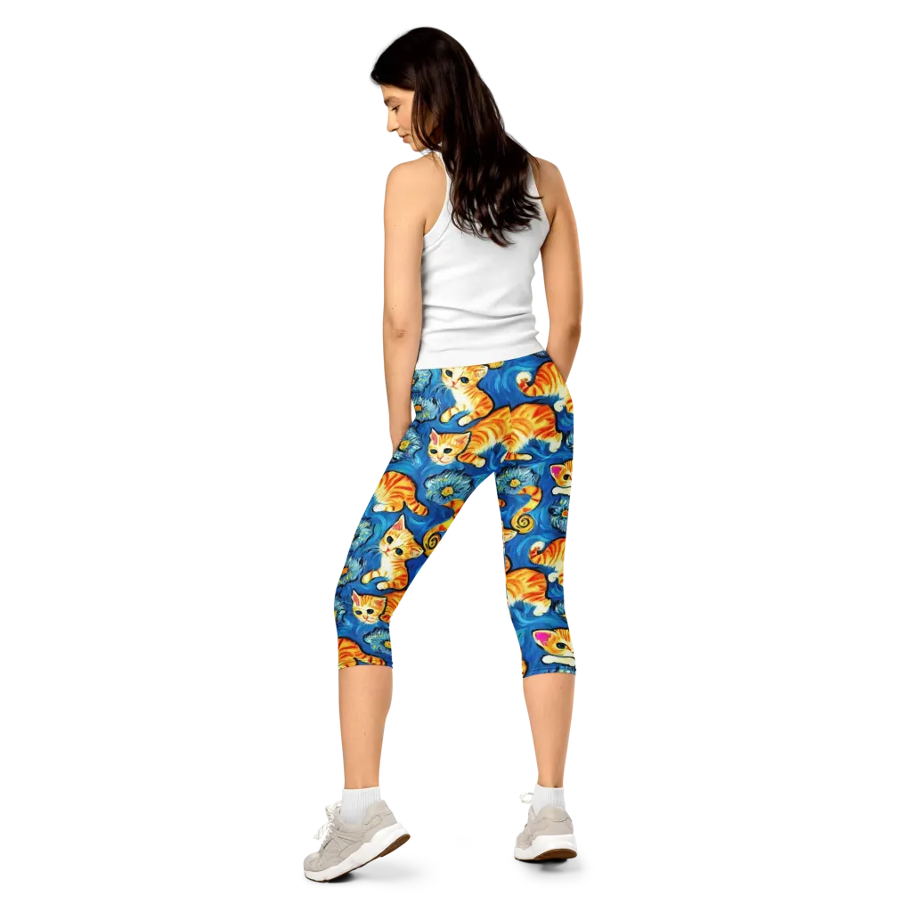 Indigo Marmalade Cats on Capri Leggings — Back