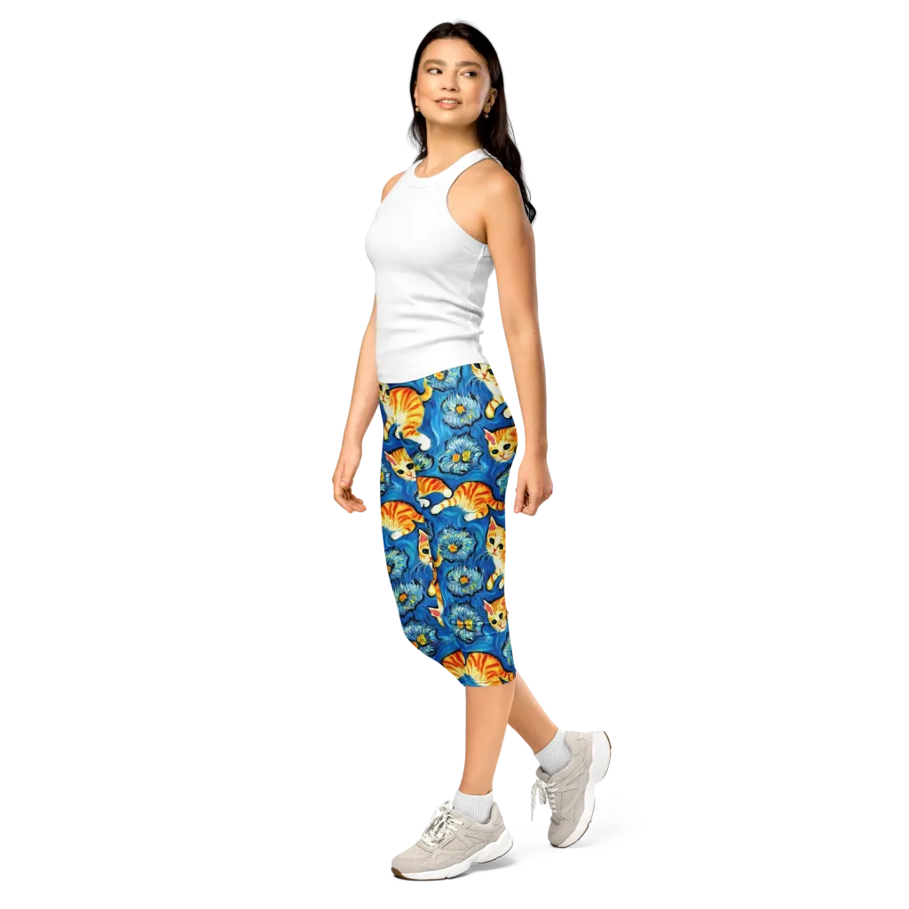 Indigo Marmalade Cats on Capri Leggings — Left Front