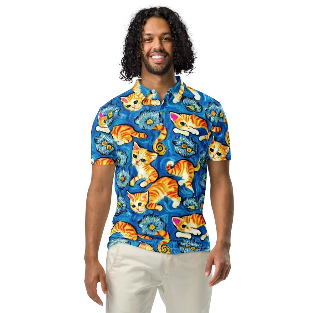 Indigo Marmalade Cats on Men's Slim Fit Polo Shirt — Front