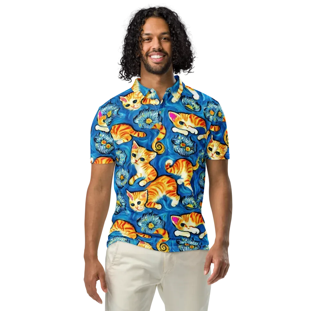 Indigo Marmalade Cats on Men's Slim Fit Polo Shirt — Front