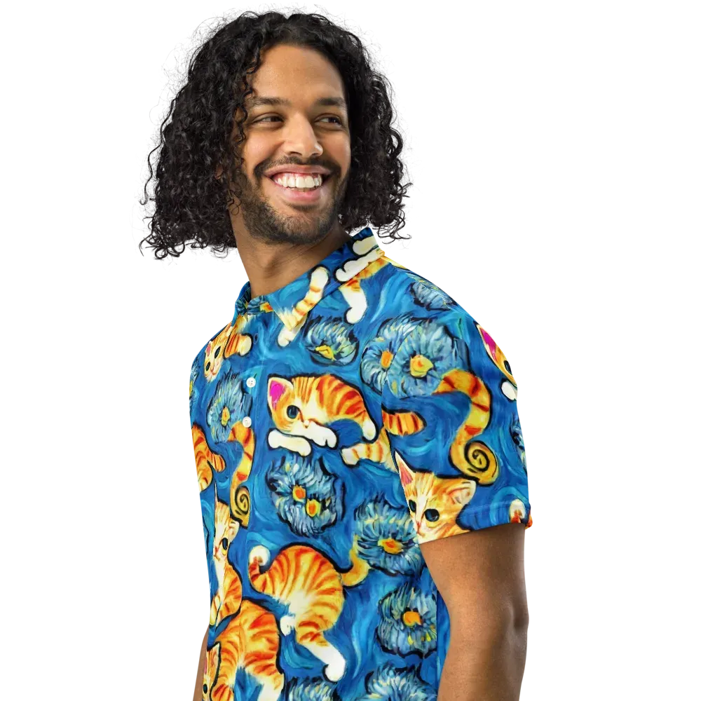Indigo Marmalade Cats on Men's Slim Fit Polo Shirt — Left Front