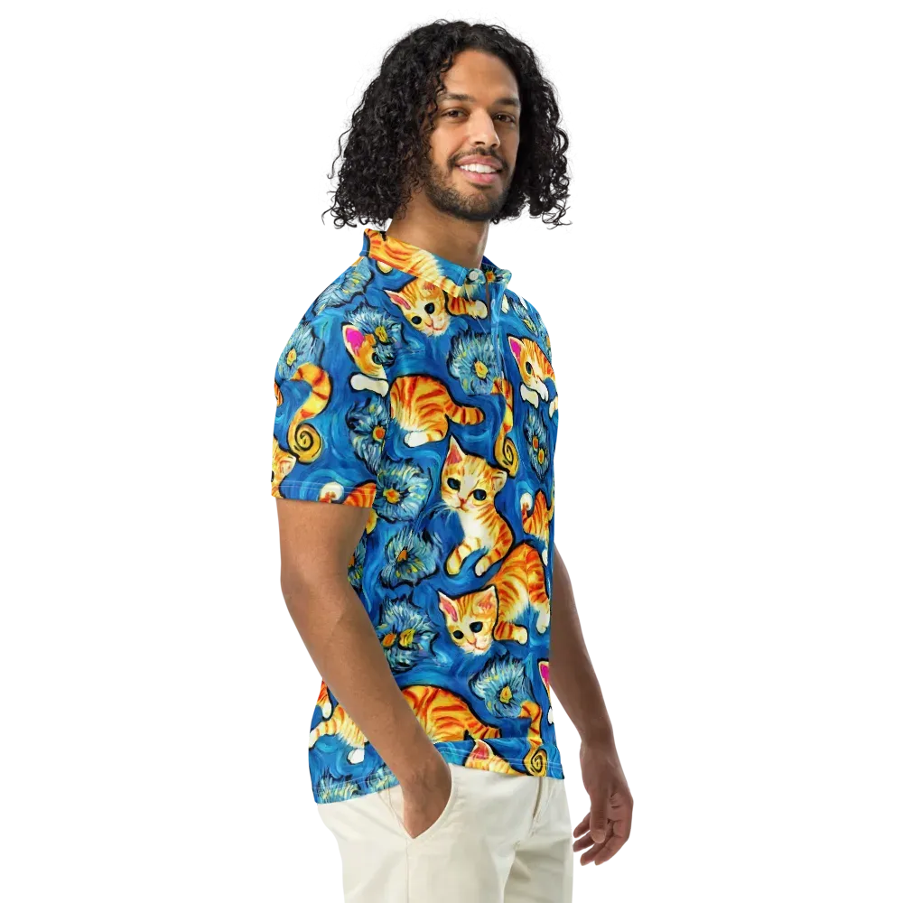 Indigo Marmalade Cats on Men's Slim Fit Polo Shirt — Right Front