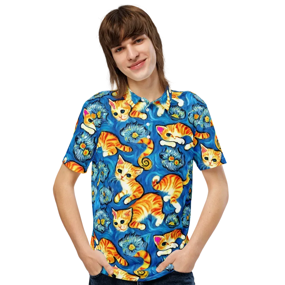 Indigo Marmalade Cats on Men's Slim Fit Polo Shirt — Front