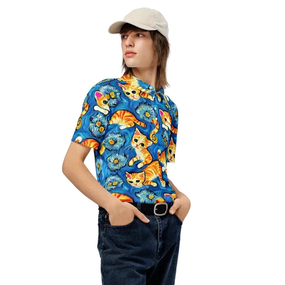 Indigo Marmalade Cats on Men's Slim Fit Polo Shirt — Right Front