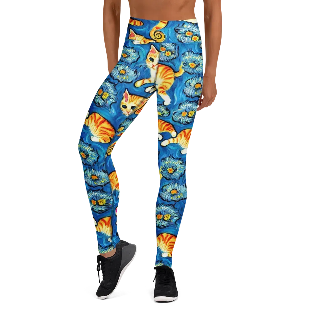 Indigo Marmalade Cats on Yoga Leggings — Front