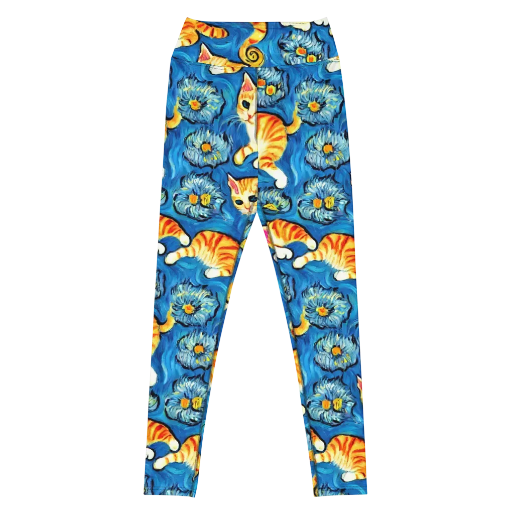 Indigo Marmalade Cats on Yoga Leggings — Front