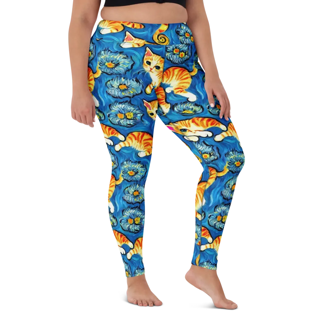 Indigo Marmalade Cats on Yoga Leggings — Front