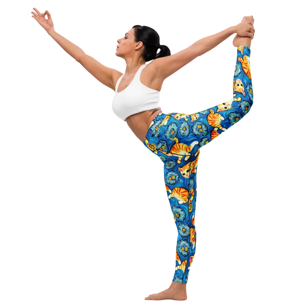 Indigo Marmalade Cats on Yoga Leggings — Left