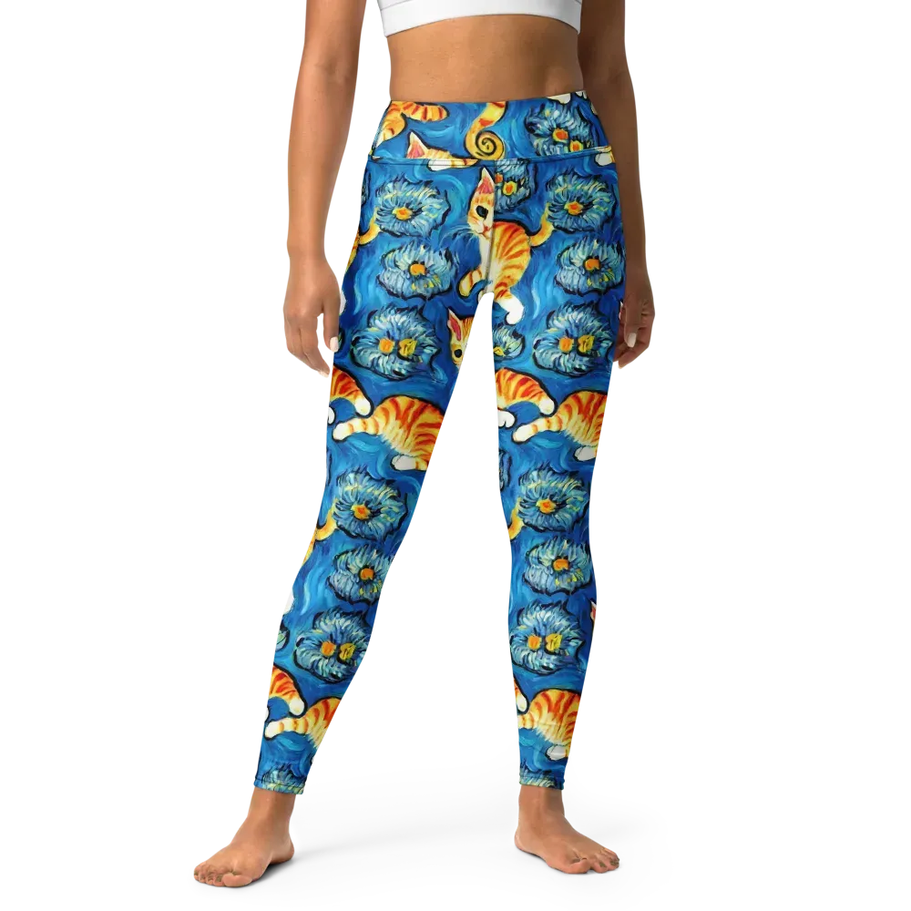 Indigo Marmalade Cats on Yoga Leggings — Front