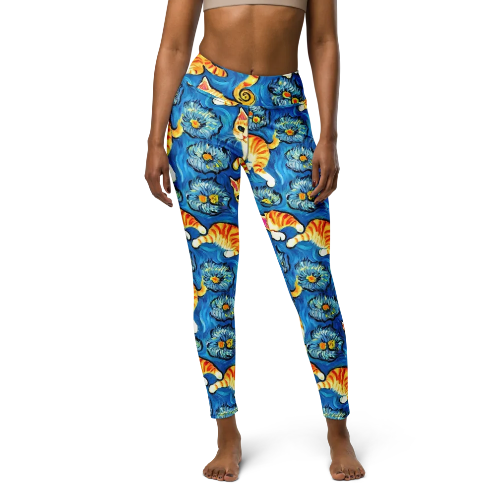 Indigo Marmalade Cats on Yoga Leggings — Front