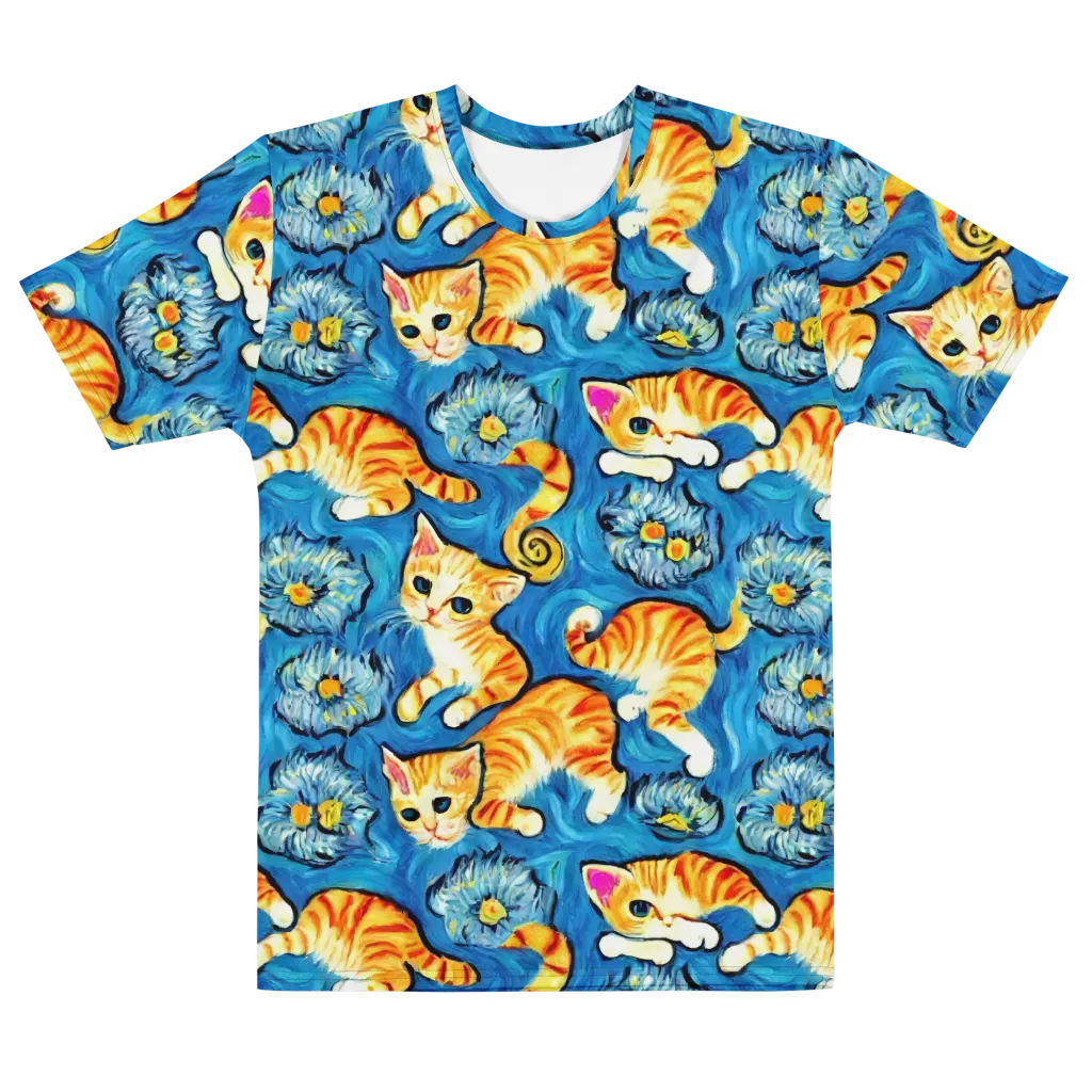 Indigo Marmalade Cats on Men's Cotton Crew Neck T-Shirt — Front
