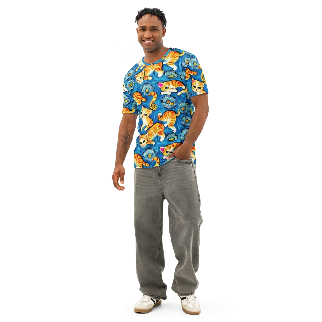 Indigo Marmalade Cats on Men's Cotton Crew Neck T-Shirt — Front