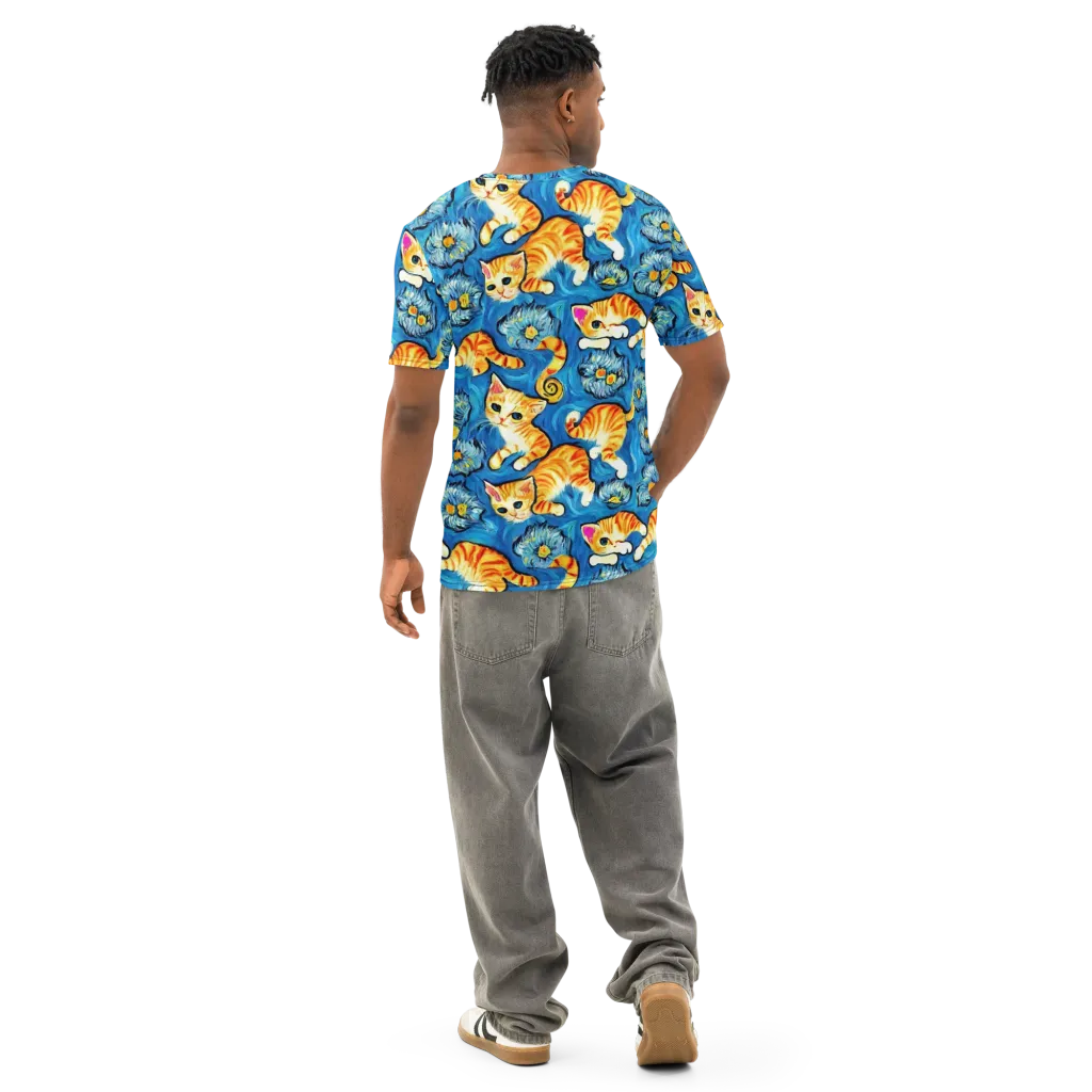 Indigo Marmalade Cats on Men's Cotton Crew Neck T-Shirt — Back