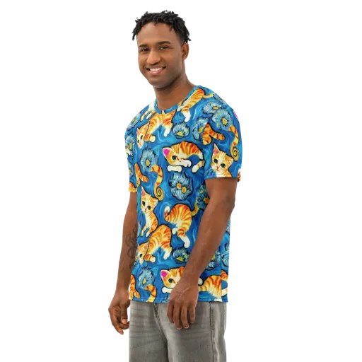 Indigo Marmalade Cats on a Men's Cotton Crew Neck T-Shirt