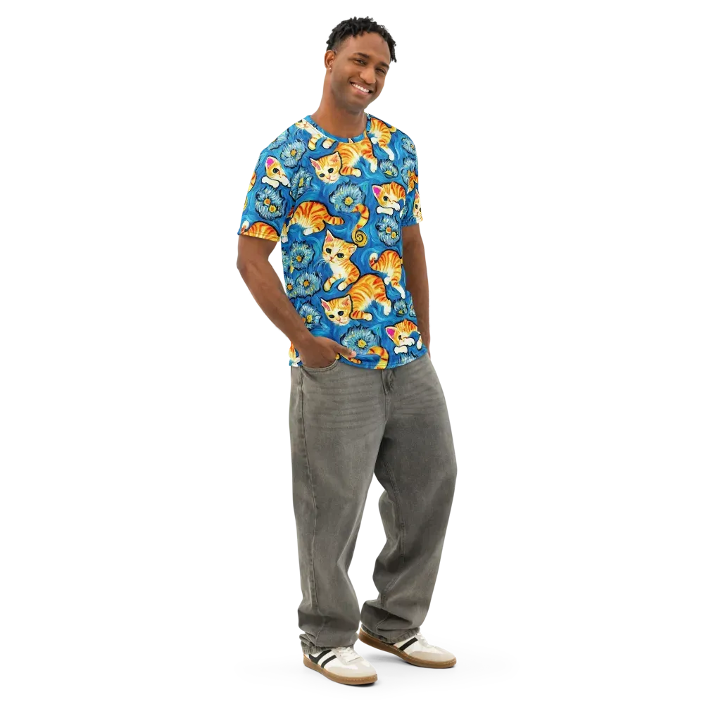Indigo Marmalade Cats on Men's Cotton Crew Neck T-Shirt — Right Front
