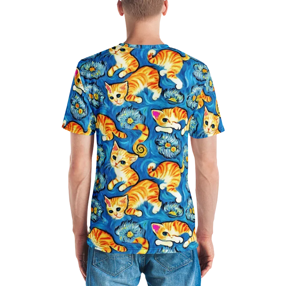 Indigo Marmalade Cats on Men's Crew Neck T-Shirt — Back