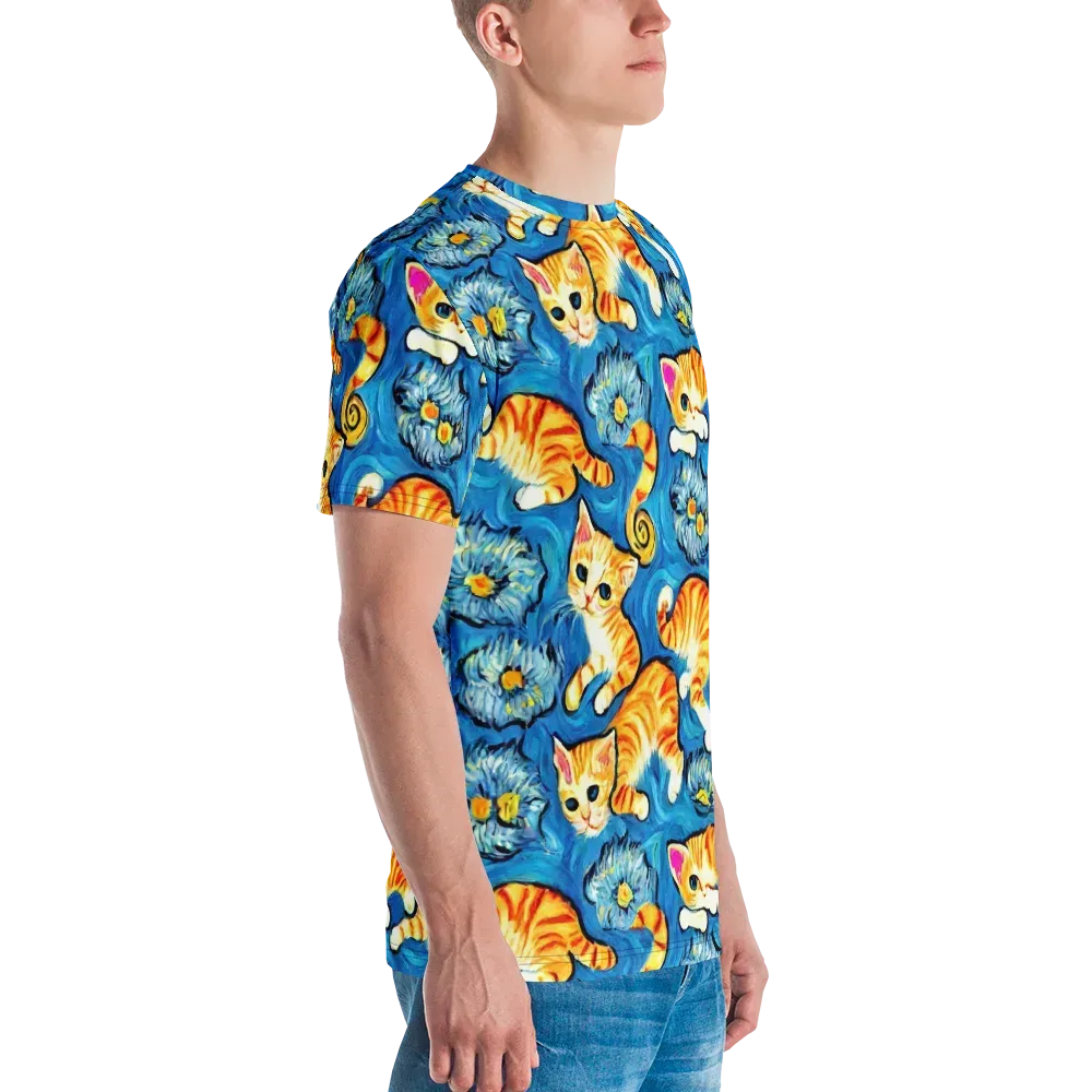 Indigo Marmalade Cats on Men's Crew Neck T-Shirt — Right