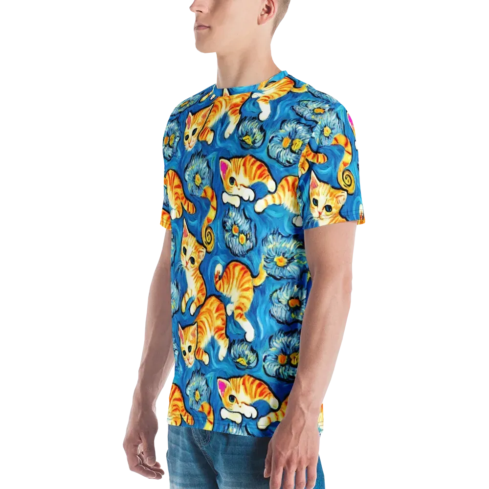 Indigo Marmalade Cats on Men's Crew Neck T-Shirt — Left