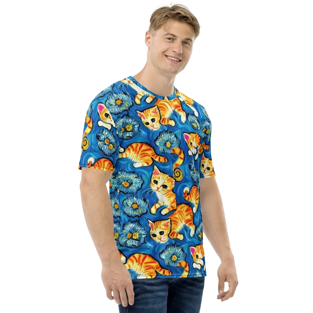 Indigo Marmalade Cats on Men's Crew Neck T-Shirt — Right